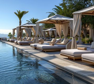 A luxury poolside experience, where guests bask in the opulence of cabanas